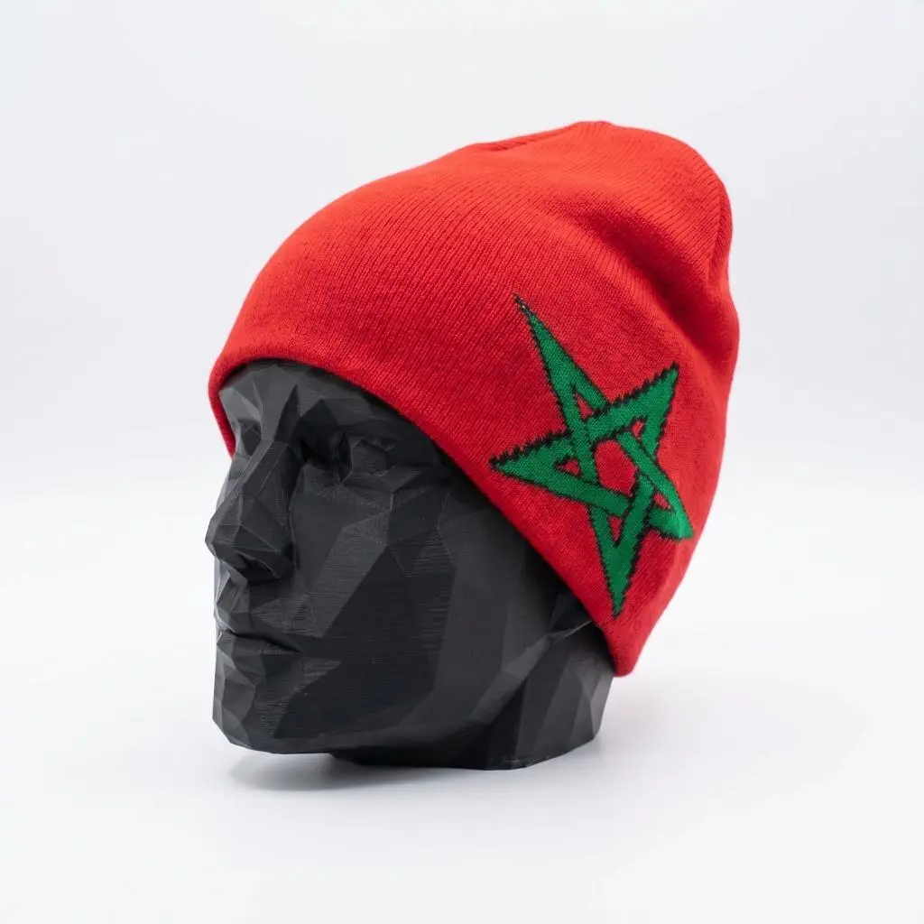 Morocco Flag Beanie - Bold Red Knit with Green Star Emblem Soft Acrylic Yarn Warm Lightweight Comfortable Streetwear Fits Winter Layers