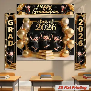 2D Flat Class of 2026 Graduation Decoration Set 1 piece banner + 3 piece door curtain set Polyester material, balloons, bachelor's uniform and book banner 2026 Graduation Ceremony Party Photo Hanging Cloth Campus Graduation Season Banners Banners Couplet