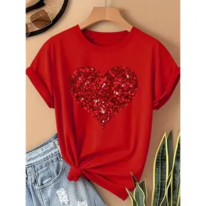 Plus Size Women's T-Shirt, Elegant Everyday Short-Sleeve Style Top with Unique 2D Flat Print Red Sequin Heart, Medium Stretch Fabric, Machine Washable, Comfortable Fit for Multiple Seasons