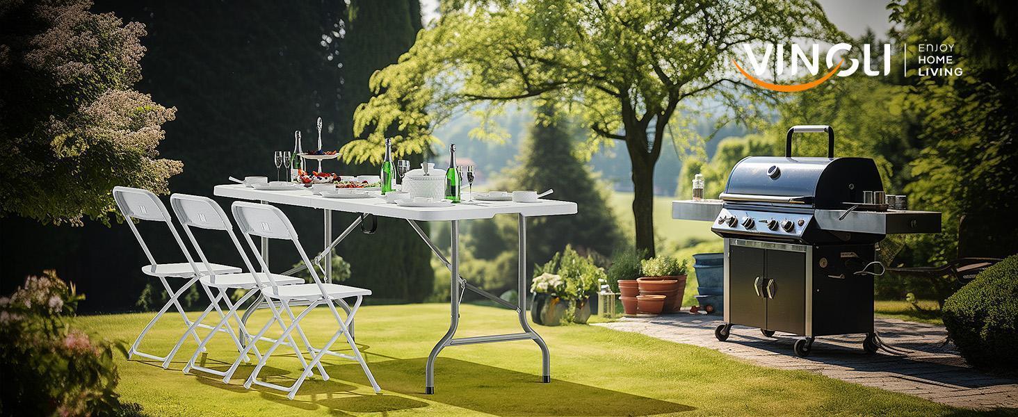 VINGLI 4/6/8 Foot Plastic Folding Table Portable Long Table for Indoor Outdoor Use Rectangular with Carrying Handle, Smooth HDPE Tabletop, White/Brown/Black