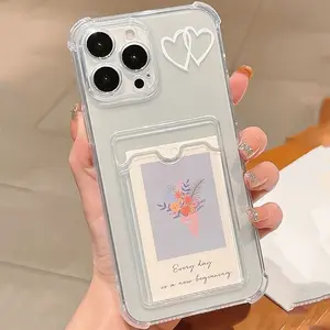 Heart Simple Pattern Four-Corner Cushion Transparent Card Slot Tpu Phone Case for iPhone 11/12/13/14/15/16 Pro Max XS XR 7 8 Plus