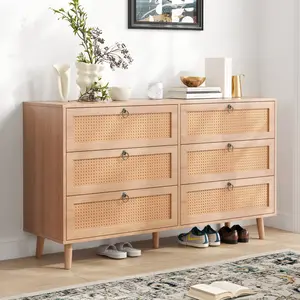[Bellemave]Rattan 6 Drawer Double Dresser for Bedroom, Chest of Dressers, Modern Dresser Drawer Chest