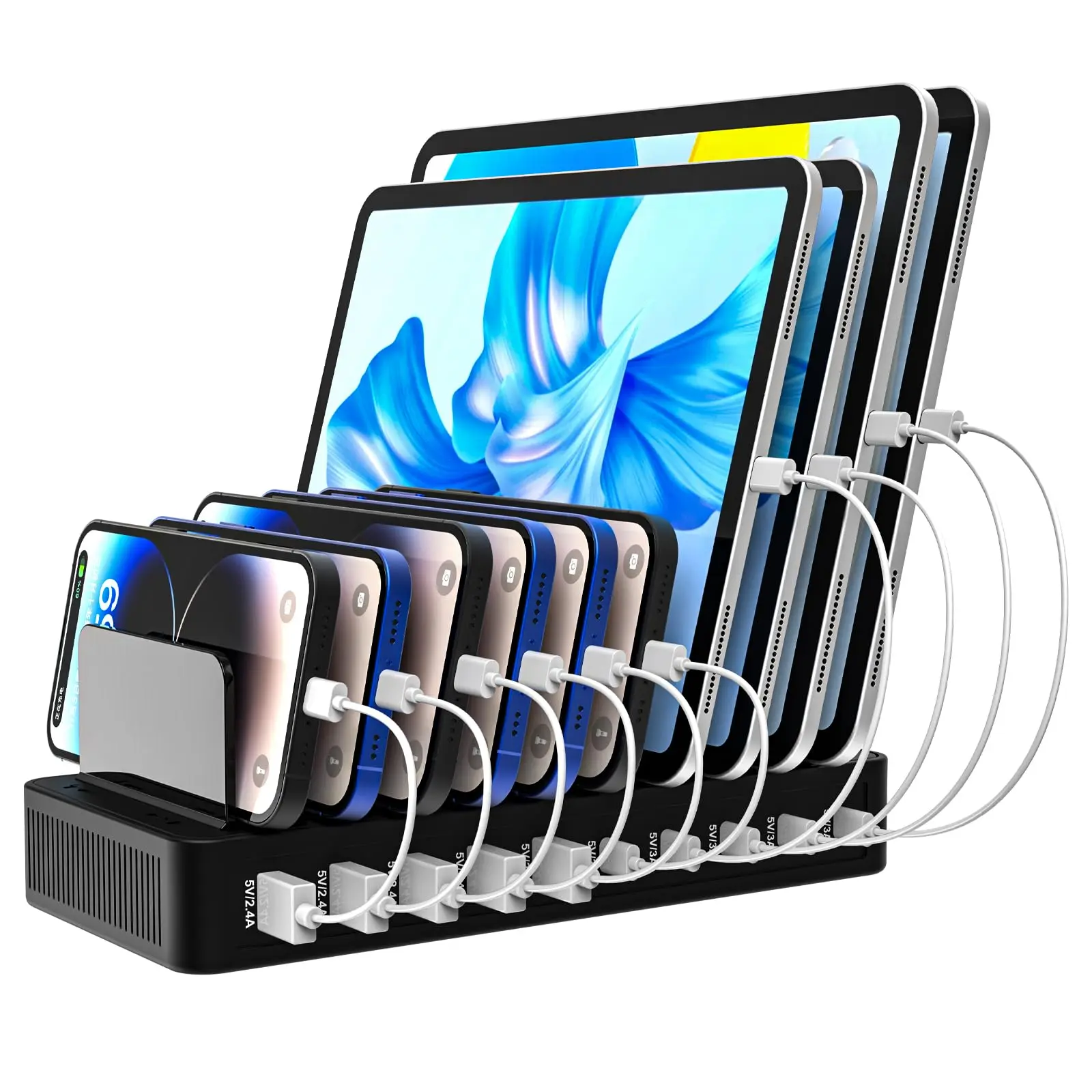 Charging Station For Multiple Devices 100w Flat Plug 10-port Multi Usb With Power Adjustable Dividers And Type-c 3a Galaxy Ipad Tablet(short Cables Not Included)