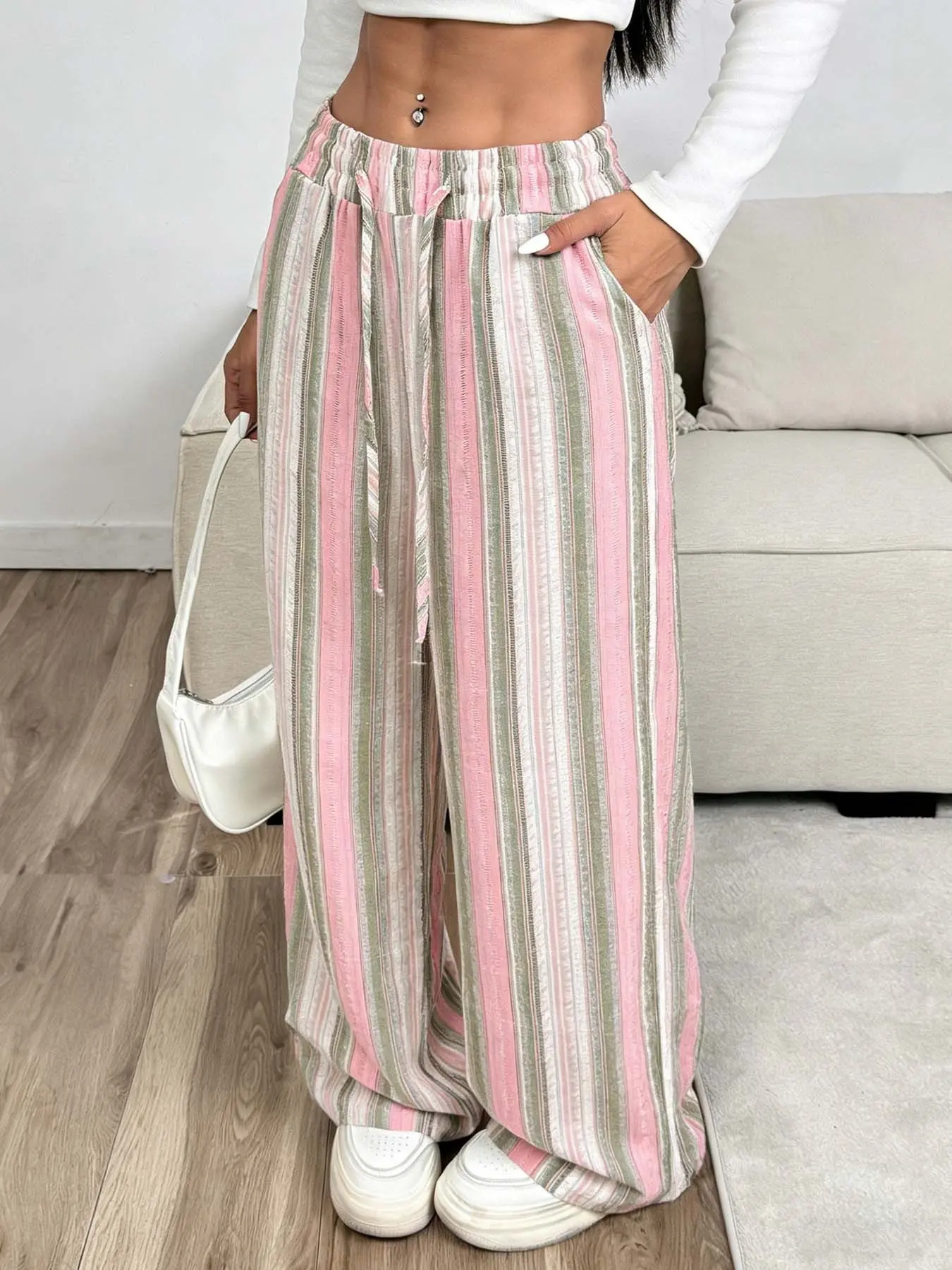 tiktokshopspringglowup "Trendy Striped Wide Leg Pants | High Waist Drawstring Trousers with Side Pockets, Lightweight Breathable Fabric, Casual Loose Baggy Comfy Fit Y2K Streetwear for Women, Perfect for Spring/Summer Outfits, Casual Fashion Bottoms"