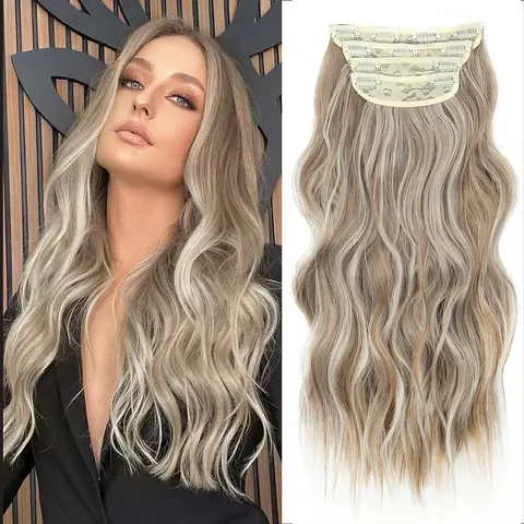 missqueen Female Clip-in Hair Extensions - 20in Body Wave Ash Blonde Synthetic Pieces with Elastic Card, Heat Resistant, Easy to Care, Natural Look for Casual, Party Use, Festivals