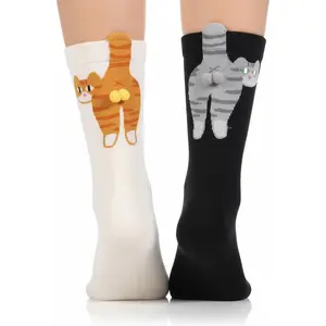 2 Pairs Cute Cat Socks with Balls, Novelty Funny Cotton Crew Socks for Men Women Cat Lovers Gift