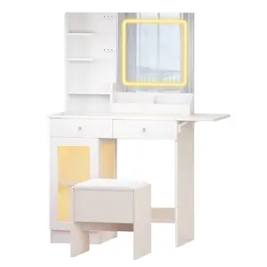 Small Vanity Desk with Mirror and Lights and Chair, Makeup Vanity with Glass Top and 2 USB Power Strip, Vanity with Two Drawers and one Cabinet, Dressing Table Set with 3 Lights Colors Mirror
