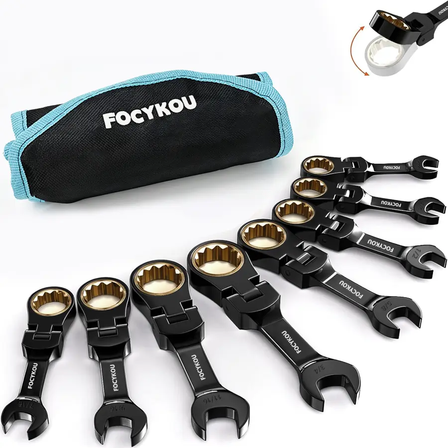 8-Piece Stubby Flex-Head Ratcheting Wrench Set,Anti-slip, 72-Teeth, CRV, Black Electrophoretic Coating, for Mechanics, DIYers and Home Repairs, Includes Rolling Pouch