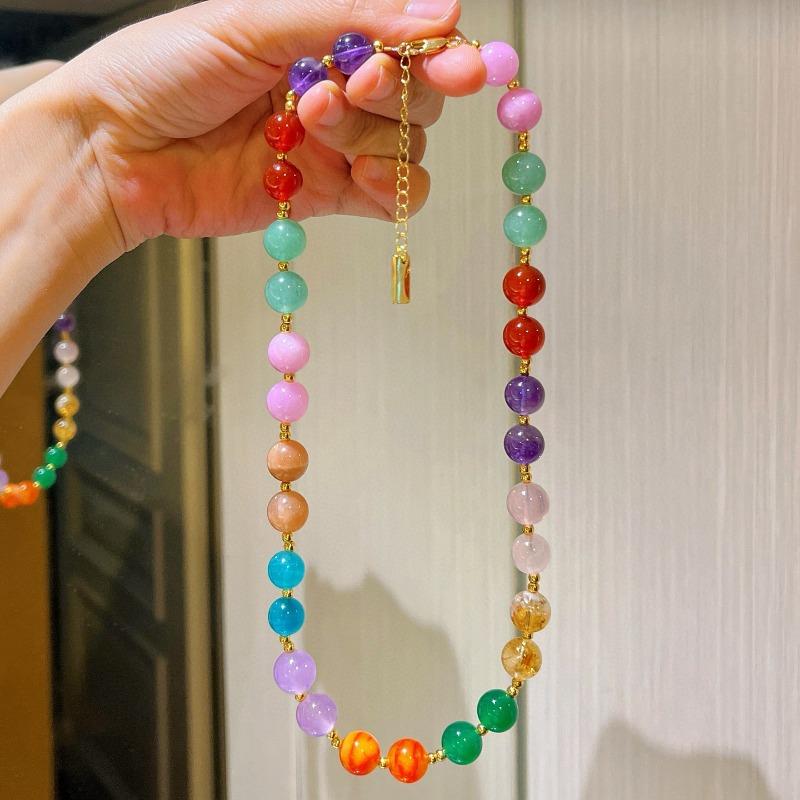 Women's Handmade Colorful Natural Stone Beaded Necklace - Multi-Color Gemstone Beads with Gold Accents, Boho-Chic Summer Beach Party Jewelry, Birthday Christmas Gift for Her