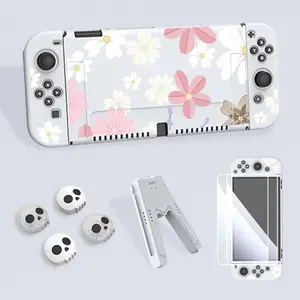 Flower Pattern Game Console Accessories Set, Protective Cover with Tempered Film & V-shaped Grip & Rocker Cap, Anti-drop Game Console Accessories for Switch OLED/NS