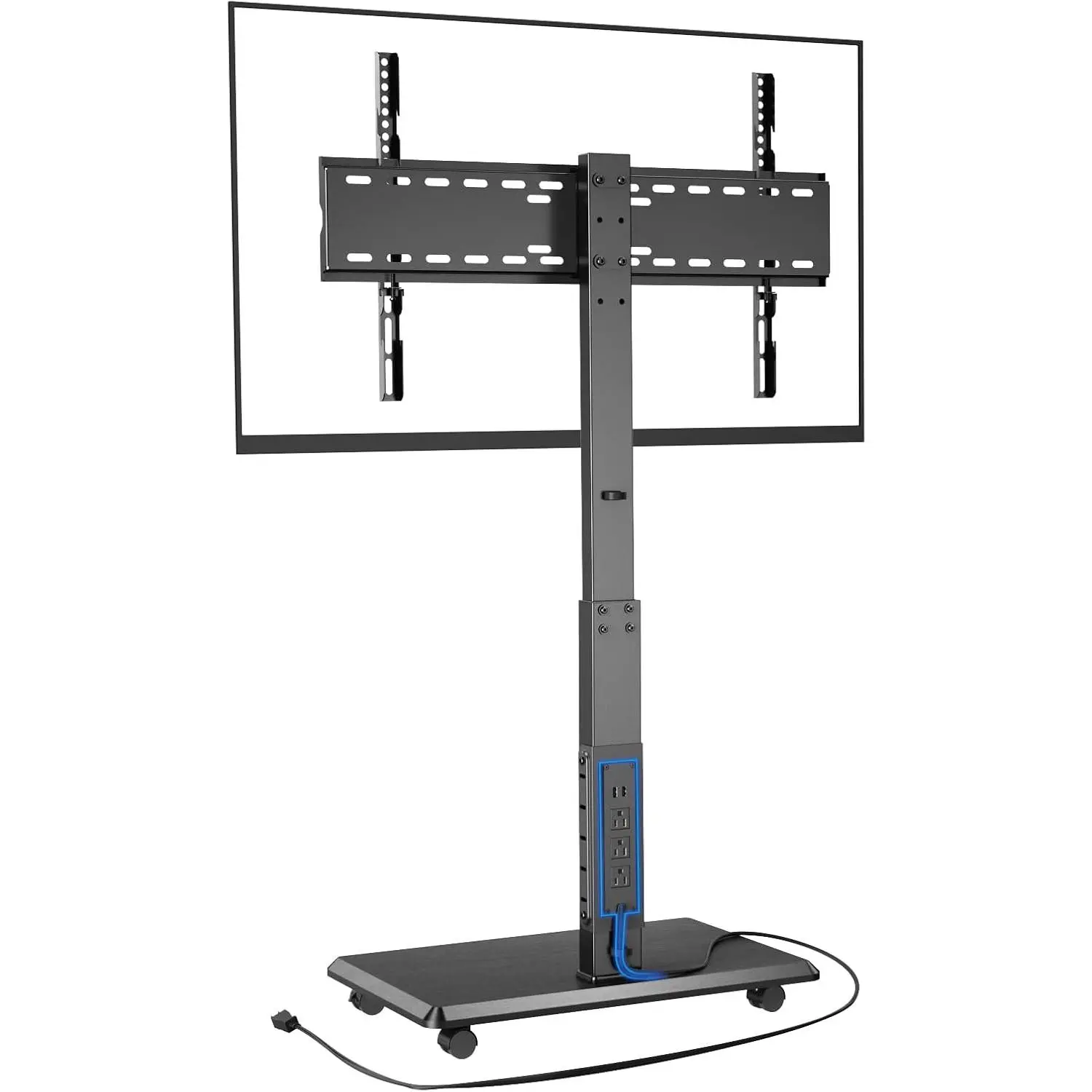 Black Movable TV Stand Furniture with Power Outlet, 30° Swivel Floor Cart on Wheels, 18 Adjustable Heights for 32-75 Inch TVs (Up to 110 lbs) – Ideal for Bedroom, Office