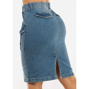 Push Up Stretch Cargo Denim Pencil Skirt Med Wash