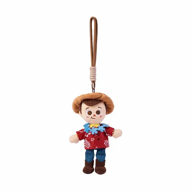 Miniso Disney Toy Story Hawaiian Summer Plush Figure Keychain, Collectible Polyester Bag Charm with Soft Wrist Lanyard Strap, Pixar Travel Gift, Plush Figure Keychains