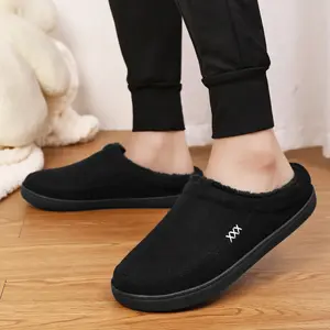 Men's fleece home slippers, suede body with thickened white plush shoe mouth, warm package ankle.The shoe side is simply embellished, and the non-slip and wear-resistant sole is safe and stable.It is suitable for a variety of scenes in the study and livin
