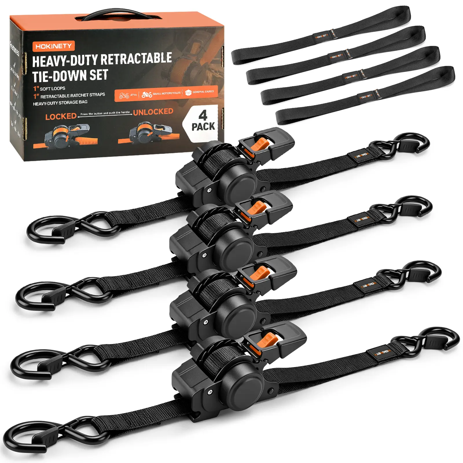 1/2/4 Packs Retractable Ratchet Straps, 1" x 10FT Heavy Duty Cargo Straps with Coated S Hooks for Motorcycle, ATV and Truck