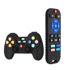 2-Pack Food-Grade Silicone Remote Teether for Babies 0-12 Months Sensory Chew Toy Set for Gum Relief with Colorful Buttons and Dotted Texture