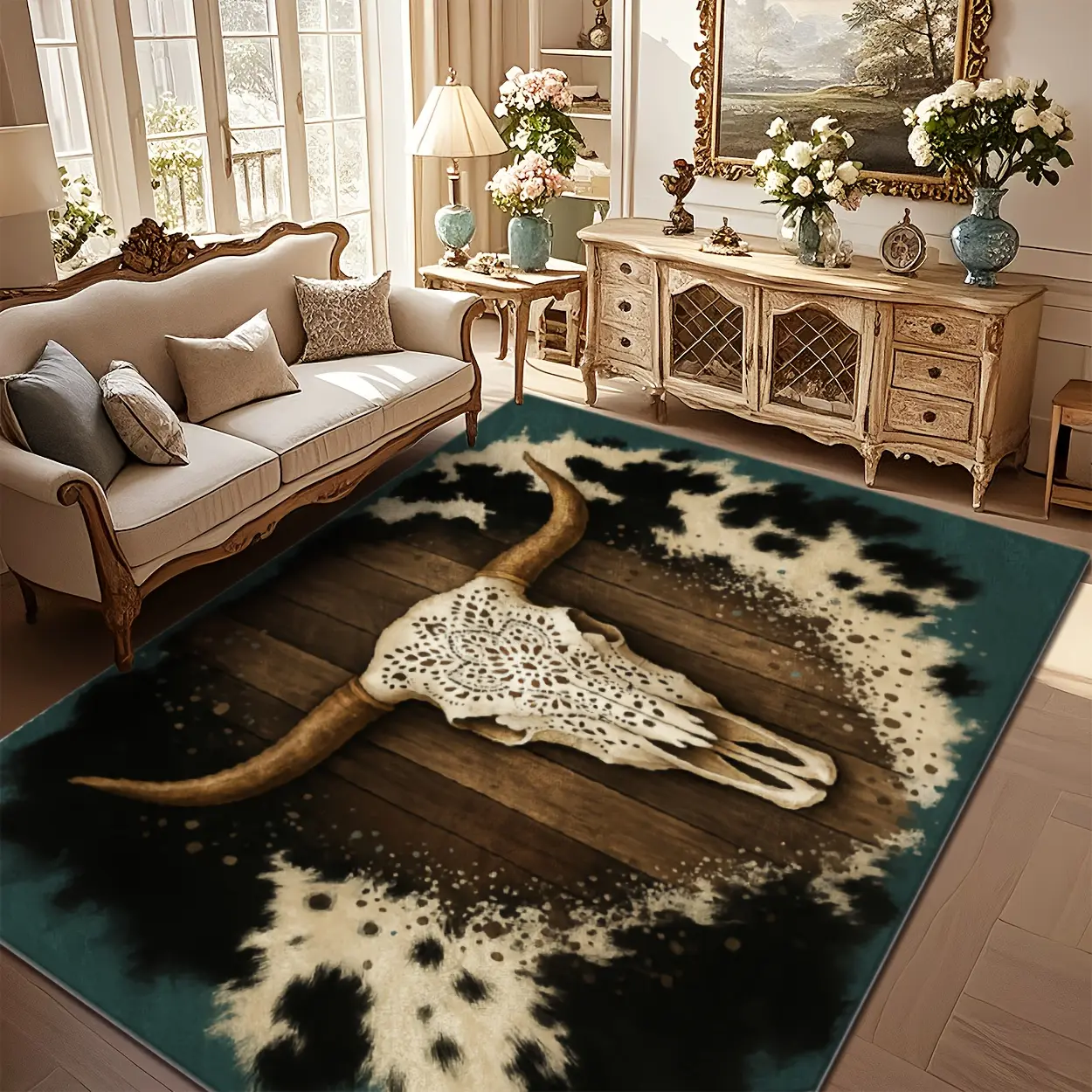 Large Bull Skull Western Home Decor Rug - Non-Slip, Soft-Textured Crochet Weave Rustic Statement Piece, Home Decor Rugs, Textured Indoor Option for Living Room, Indoor/Outdoor Use, Textured Indoor Rug