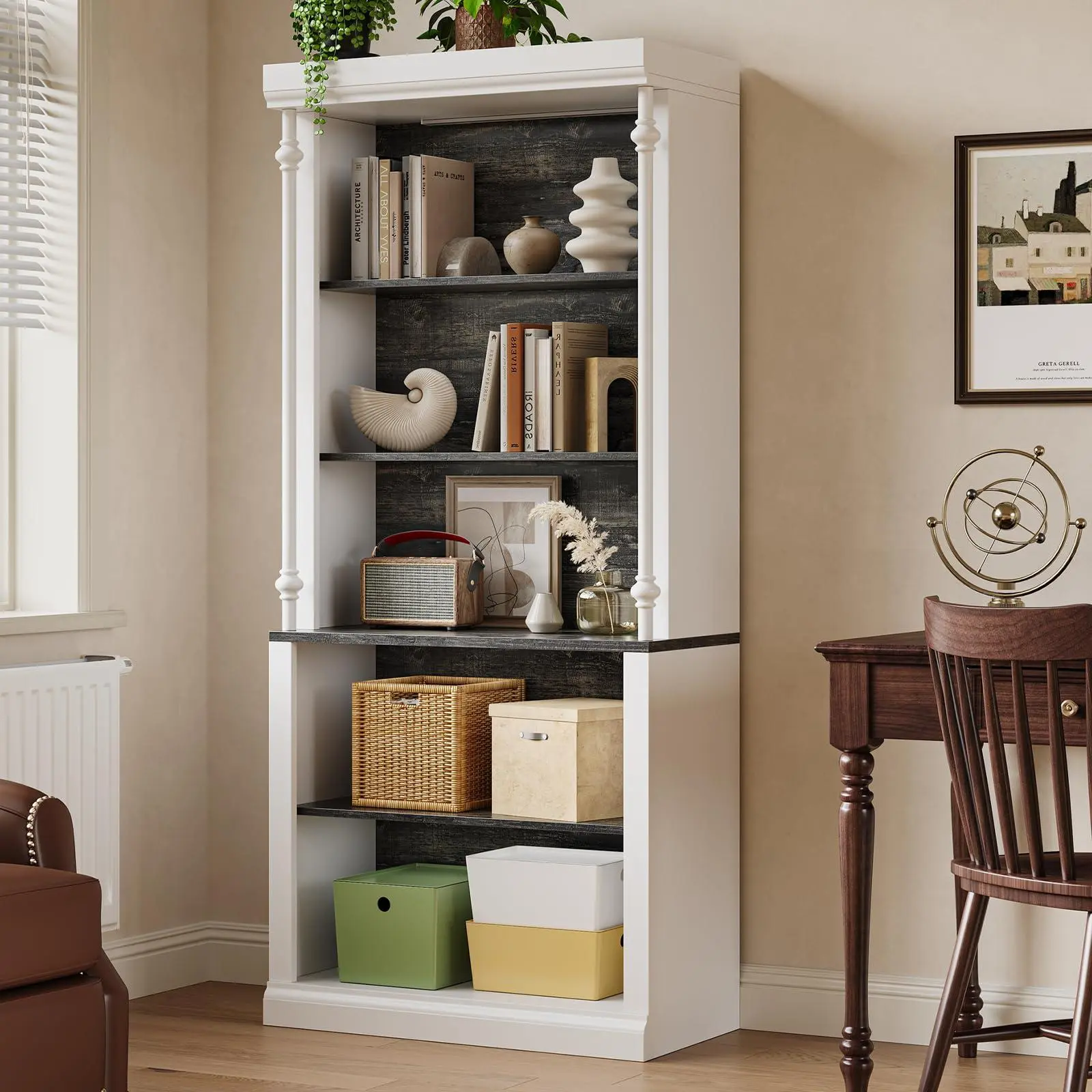 GARVEE 5-Tier Bookshelf with LED Lights, Adjustable Shelves, Roman Column Display Bookcase for Living Room, Bedroom, White