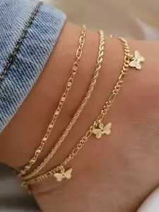 3-Piece Retro Boho Butterfly Bead Multi-Layer Chain Ankle Bracelet Set, Casual Copper Anklets for Summer Parties, Fashion Gift for Girls
