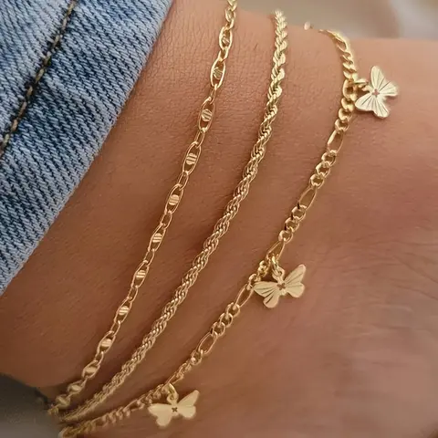 3-Piece Retro Boho Butterfly Chain Ankle Bracelet Set, Casual Copper Anklets for Summer Parties, Ideal Gift, Trendy Fashionable Accessories, Wearable Jewelry