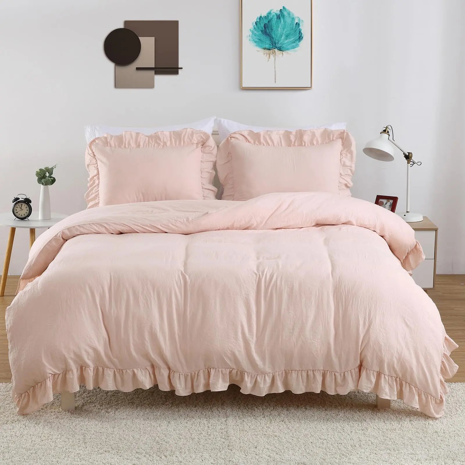 Pink Queen Microfibre Duvet Cover Set (3-Piece) - Ruffled Fringe, Hidden Button, Soft Washed Vintage Texture, Corner Ties, Envelope Closure, Wrinkle Resistant, Fade Resistant, Machine Washable - Includes 1 90x90 Duvet Cover, 2 Pillow Shams, Tumble Dry On