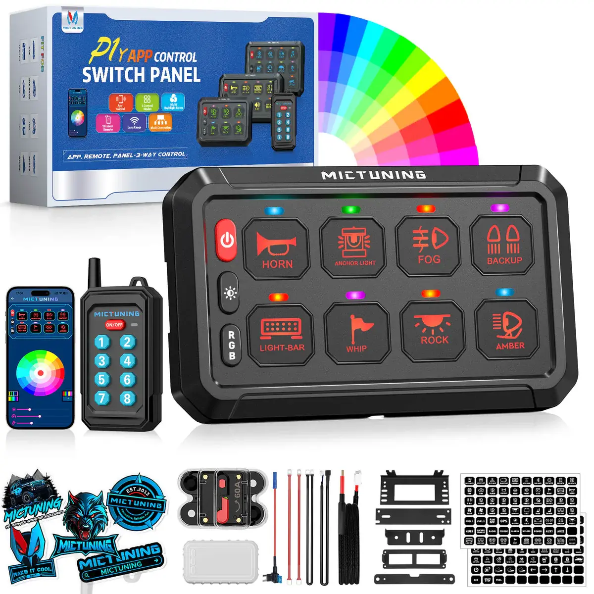 MICTUNING P1Y RGB Switch Panel with Remote+App Control, 6/8/12 Gang, Circuit Box Toggle Switch Momentary Circuit 230FT Control Relay System, Remote Control Light Switch, On Off Control