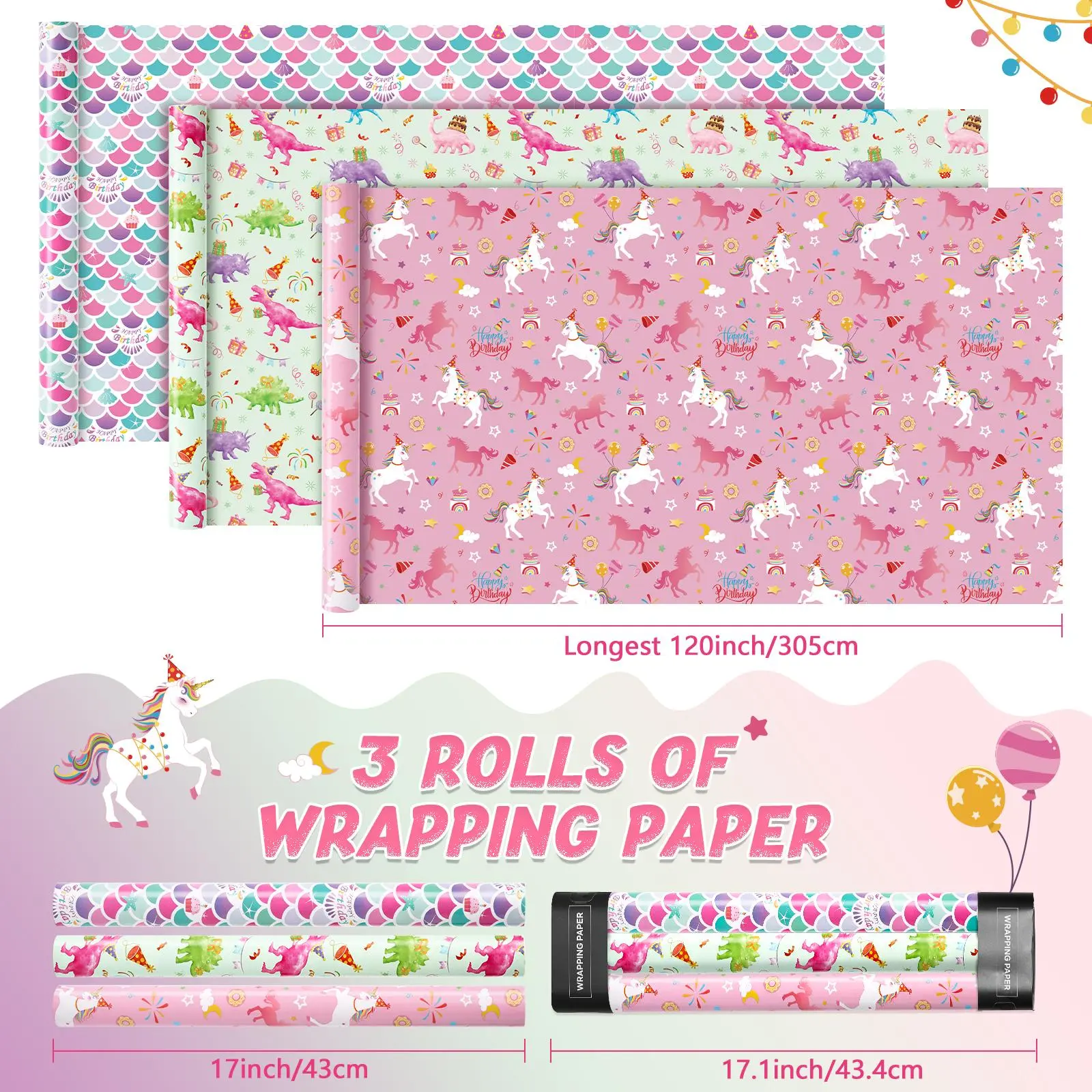 WERNNSAI Wrapping Paper Rolls 3 Pack with Cutting Lines Kids Birthday Gift Wrap for Girls Kitty Unicorn Dinosaur Flamingo Puppy Butterfly Girl Mix Princess Rainbow Cute Party Supplies Baby Shower Holiday Favors Bulk Art Craft