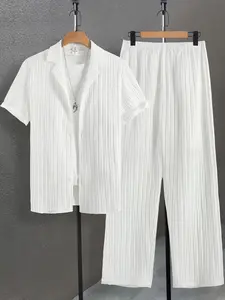 Men's Plain Textured Loungewear Set, National Day Offers, Casual Button Front Shirt & Elastic Waist Pants without Tee & Necklace, Men's Sleepwear for All Seasons