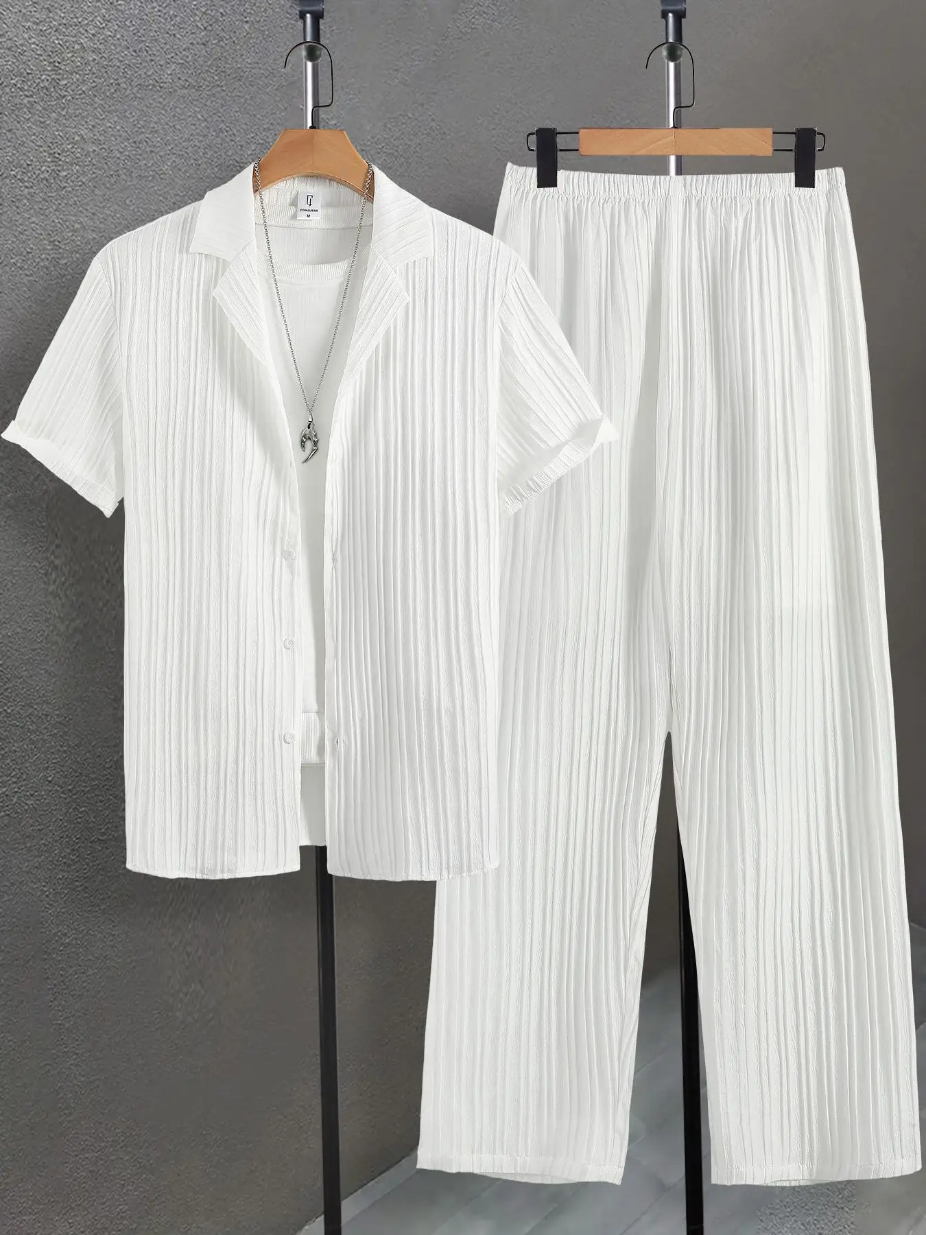 Men's Plain Textured Loungewear Set, National Day Offers, Casual Button Front Shirt & Elastic Waist Pants without Tee & Necklace, Men's Sleepwear for