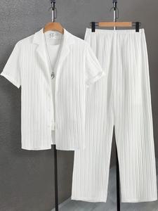 men's plain loungewear pajamas set, casual relaxed fit button front shortsleeve shirt & elastic waist pants without tee & necklace, classic sets for men clothing, male nightwear, menswear, matching pajamas, men's 2 piece set, homewear, menswear pjs