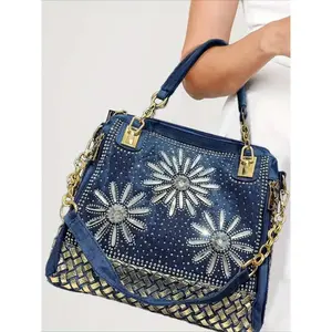 Ladies' fashionable diamond inlaid floral woven handbag with large capacity gradient diamond decoration square shoulder crossbody bag, detachable shoulder strap - stylish Y2K design, suitable for work, commuting, and gatherings, Floral Embossed Handbag