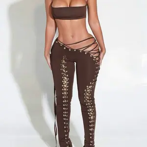 PT Women's Solid Color Halter Crop Top & Grommet Lace-Up Long Pants Sexy 2-Piece Set for Street Style