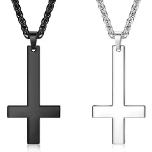 CASSIECA  2PCS Cross Necklace Inverted Cross Necklace Black For Men Women Stainless Steel Pendant Necklace With Chain-55+5CM Gift For Bestfriend Couple Lover Cross Pendant Necklace Men's Accessories