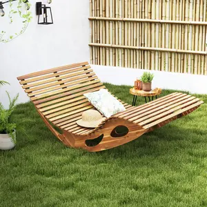 【Back in Stock】COSTWAY Outdoor Chaise Lounge Chair, Acacia Wood Rocking Sunbed with Slatted Backrest and Seat, Wooden Loveseat Rocker for Patio, Garden and Poolside-Mother's Day Gift