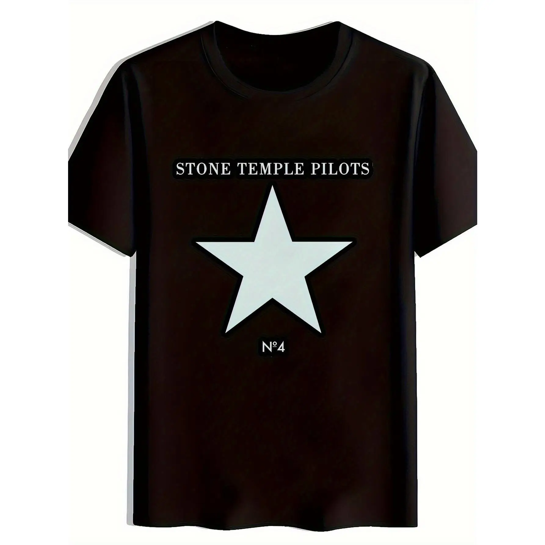 Stone Temple Pilots Graphic Tee - Men's Black Short Sleeve Crewneck T-Shirt with White Star Print Design, Casual Summer Polyester Top for Rock Music F