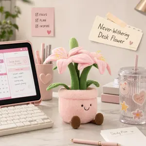 Smilebella 14" Cute Pink Lily Flower Plushie - Cozy Floral Stuffed Plant Toy for Desk Decor, Soft Girl Room Aesthetic, Everlasting Potted Plush Gift