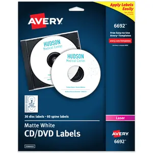 Avery Printable CD Labels, Matte White, Permanent Adhesive, Laser Printer Compatible, 30 Disc & 60 Spine Labels (6692)