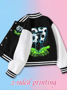 Number 67 Six Seven Boys Short Baseball Jacket Coat with Cartoon Design, Fitted Athletic Activewear for Kids, Elastic Fabric for Fall & Winter, Trendy School Uniform for Christmas, Children's Daily Fashion Dressing