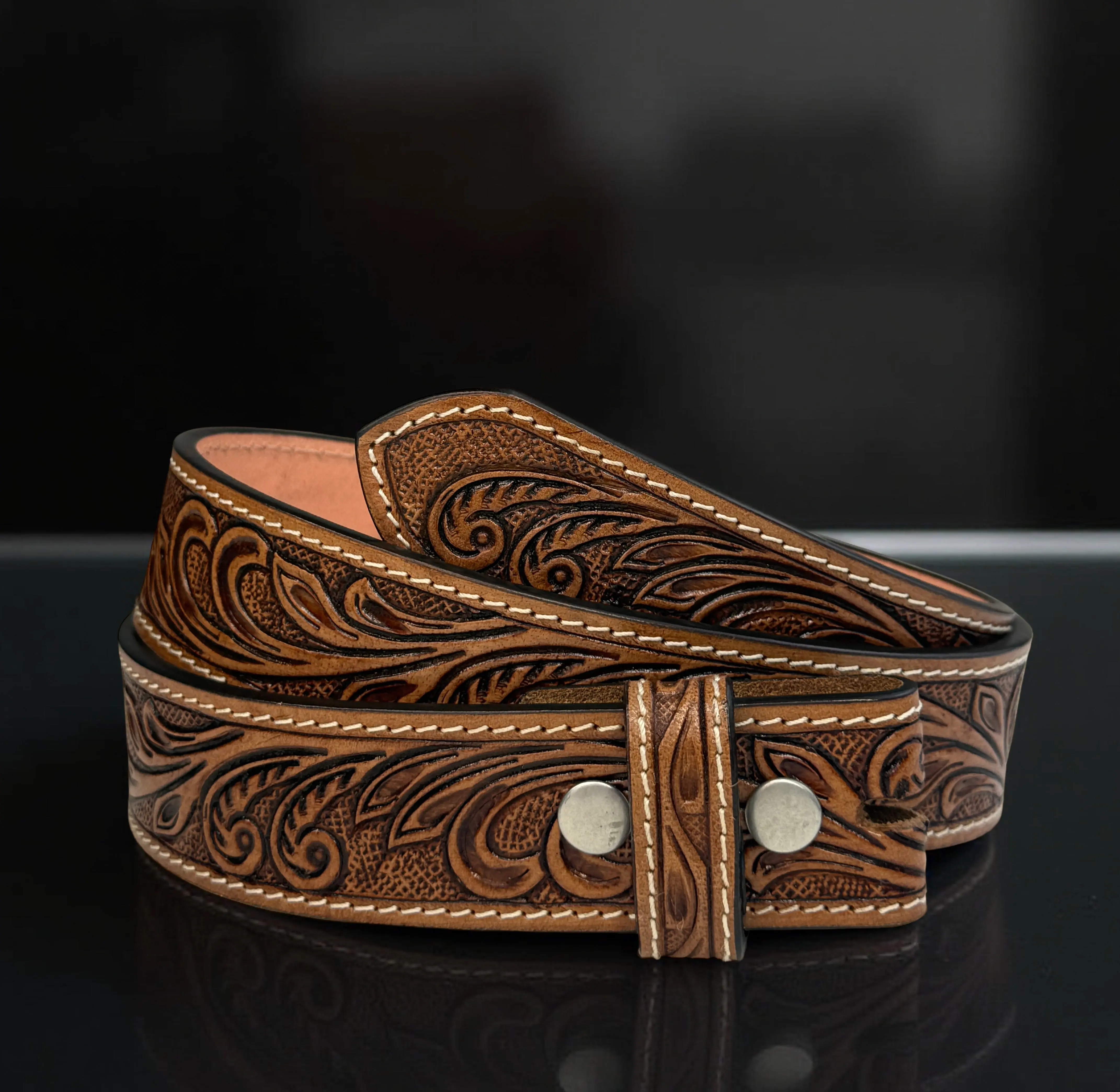 Western Floral Leather Belt Strap Full Grain Leather Heavy duty belt for removable buckle Rodeo Cowboy Belt