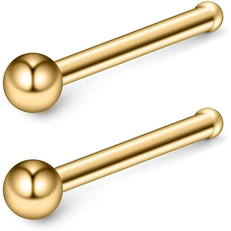 2 PCS Gold Nose Studs, 316L Surgical Steel Bone Pin with Simple Ball Top, 22G(0.6Mm)) Dainty Body Jewelry Gift, 1.8Mm, 2Pcs - Gold, 6.5Mm