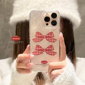 Red Plaid Bowknot Suitable for iPhone 16 Pro Max Phone Case 15 Glitter Powder 14 Transparent 17