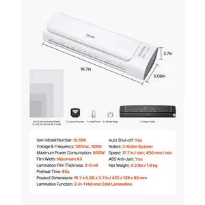 VEVOR Laminator Machine, Cold and Hot Laminator for Max A3 Paper Size, 1 min Quick Warm Thermal Laminator, 3-5 mil Thickness, Ideal for Home, Office, Business, or School Supplies, White+ Grey