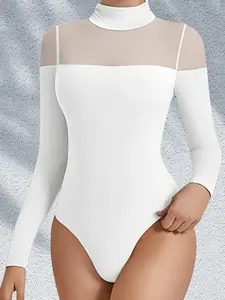 1 Count Women's Sheer Mesh Turtleneck Long Sleeve Bodysuit, Solid Color High Neck Slim Fit Body Jumpsuit, Breathable Semi Transparent Skin Friendly Comfort Tops, Stylish Bodysuit for Ladies, Underwear, Ideal for Parties & Daily Styling