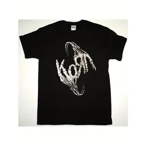 Men's Korn Skull Finger Logo T-Shirt - Casual Black Cotton T-Shirt, Loose Version, Durable and Machine Washable, Suitable for Casual Wear, Large Size ivan cornejo merch graphic tees shirts men men gifts Round Neck Shortsleeve Menswear Tropical Fabric Top