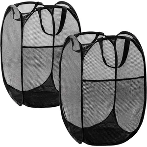 Pop Up Laundry Hamper, 70L Collapsible Mesh Laundry Basket with Side Pocket, Foldable Dirty Clothes Hamper with Sturdy Reinforced Handles for  Dorm Bedroom Travel Storage, Black, 2Pack