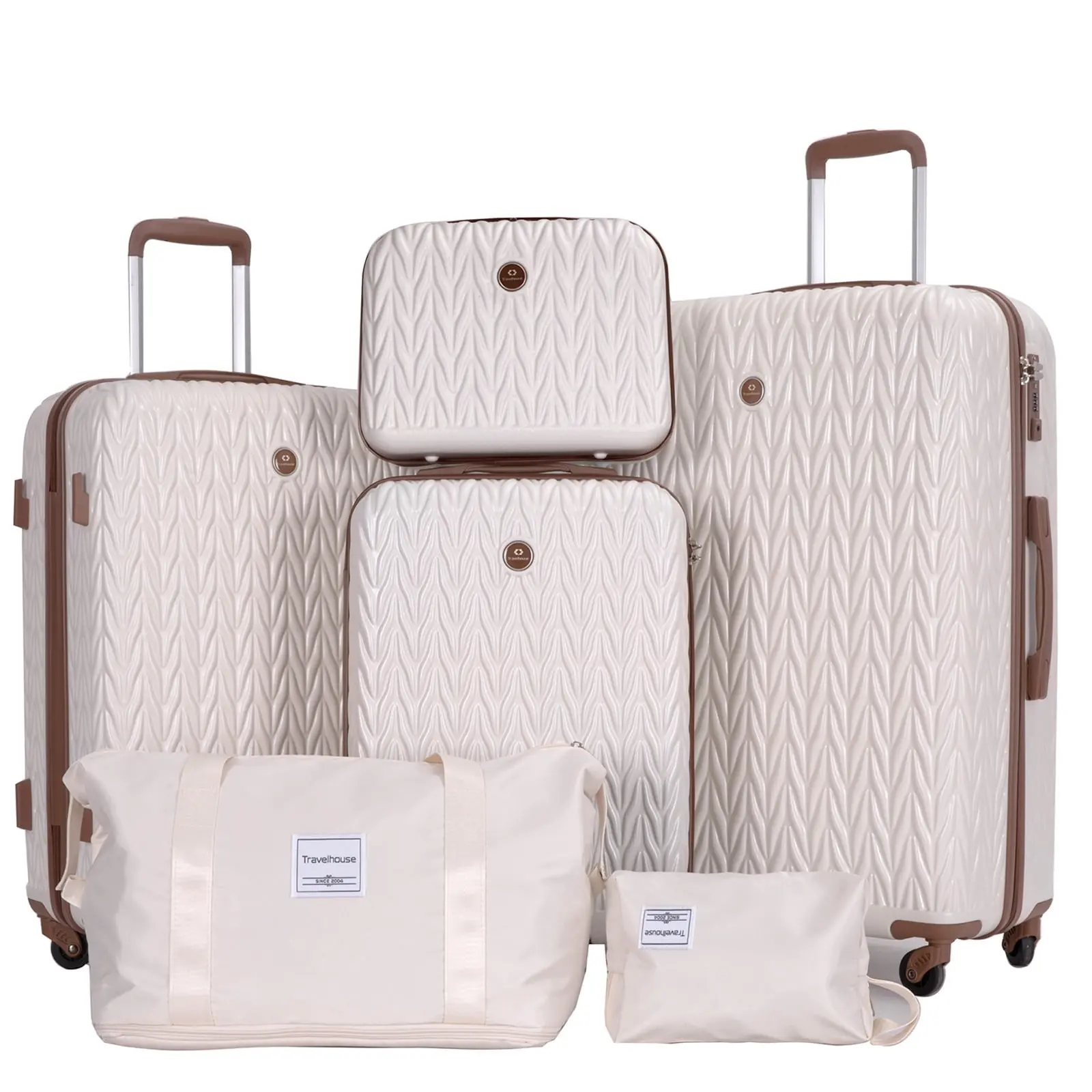 Travelhouse 3-Piece Hardside Luggage Set with Duffel Bag TSA Lock Spinner Wheels 6 PCS Hardshell Luggage White 13" Cosmetic Case 20" 24" 28" Suitcases Weekender Bag Toiletry Bag