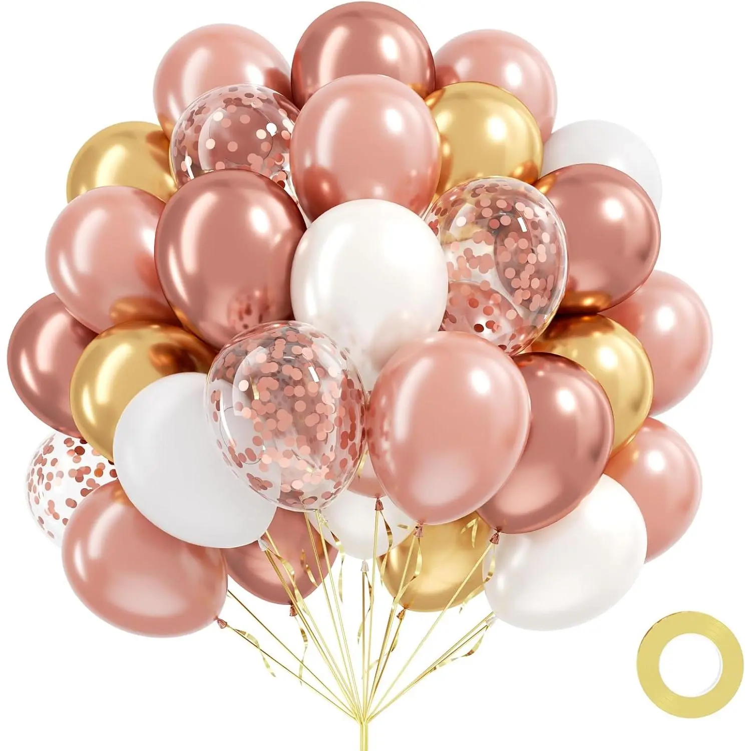 Good Quality Synthetic Rose Gold Balloon Set Kit - 60-Count 12in Metallic Rose Confetti & White Balloons for Wedding, Women's Birthday Party Decor