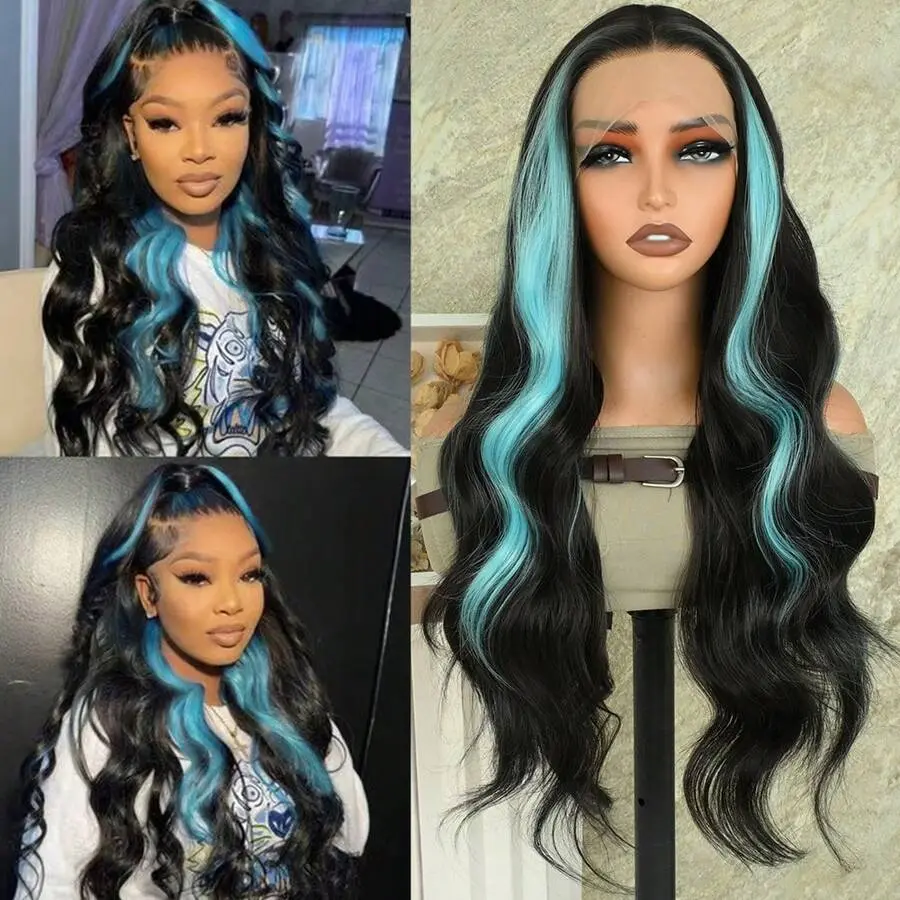 13X4 Free Part Black Green Highlights Body Wave Lace Front Wigs Pre Plucked Soft Long Wavy Hair Wigs Heat Resistant Wave Wigs Glueless