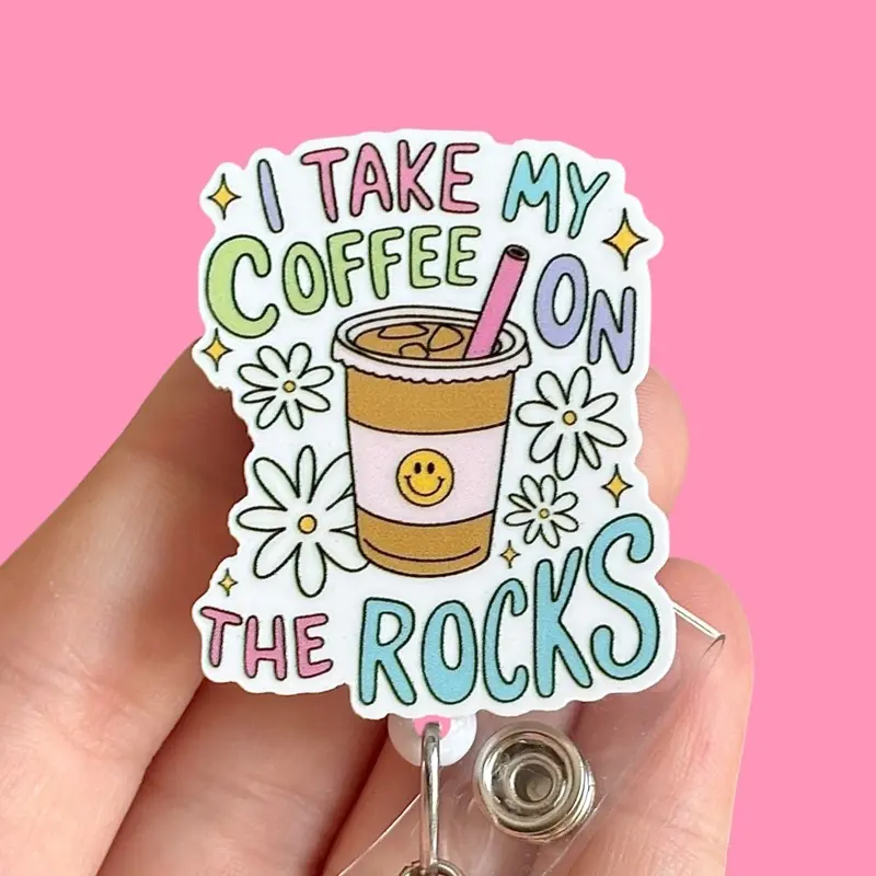 Glitter My Badge Cute girly ice coffee badge reel for nurse and hospital workers. Badge clip Badge pull - Retractable swivel clip with a 360 rotation. Great gift for coworker.