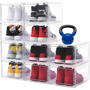 10 Pack Shoe Boxes Clear Plastic Stackable, Large Shoe Storage Organizer with Magnetic Clear Door, Shoe Container Sneaker Storage Display Case Fit up to US Size 12 Clear